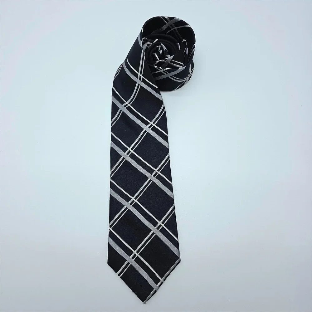 Henry Grethel Men's Black‎ Silver Plaid 100% Silk Hand Made Necktie